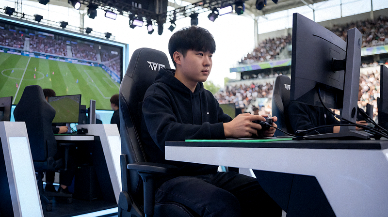 FIFA电竞联赛比赛现场，选手专注操作手柄